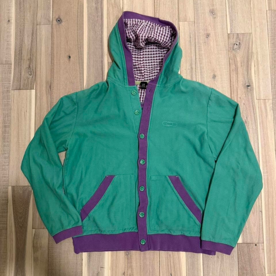 Y2k 2000s Oakley Green And Purple Cardigan With Plaid Hoodie Size Large Rare